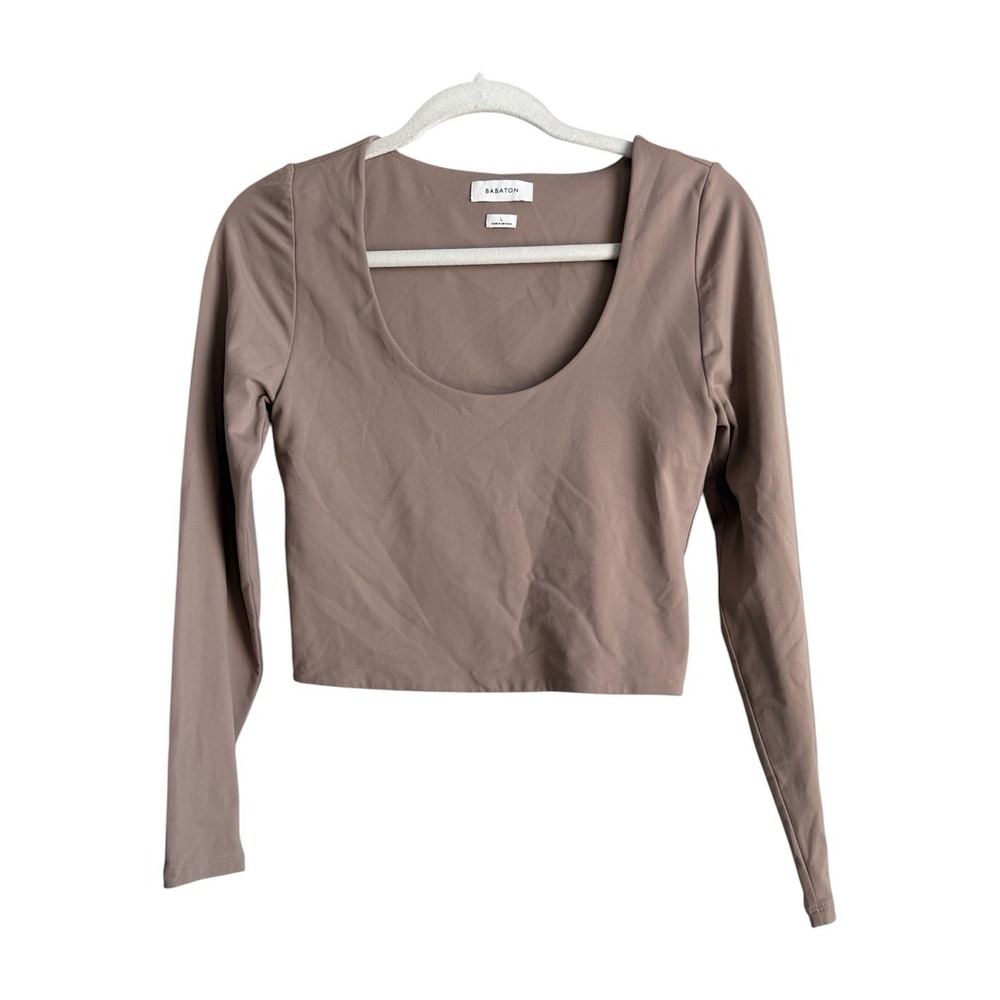 Aritzia Babaton Contour Scoopneck Long Sleeve Crop Top Deep Taupe L Minimalist